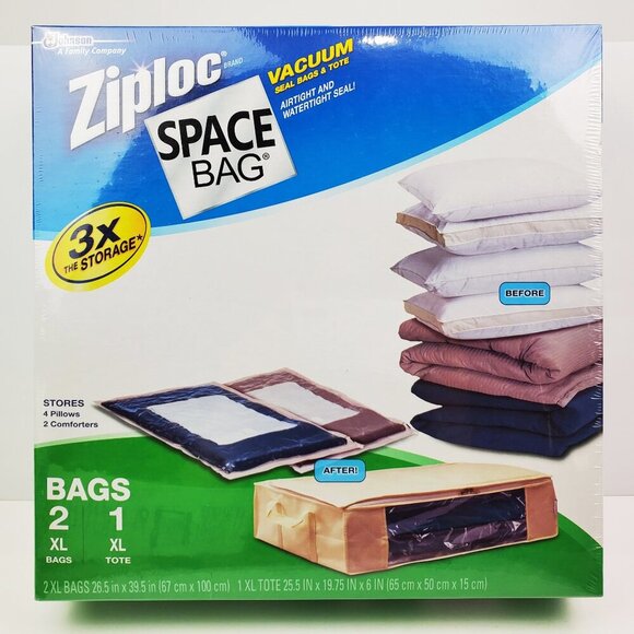 Ziploc Space Bags XL Vacuum 3 Pack (2 Bags, 1 Tote) Airtight Watertight Sealed - Picture 1 of 9